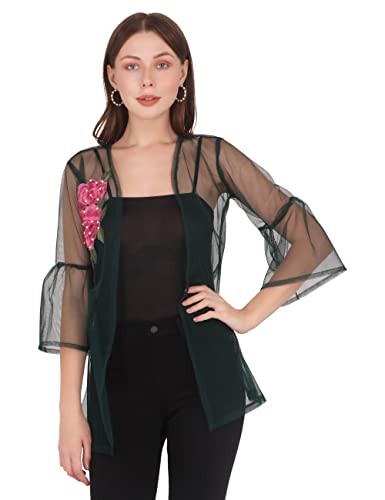 Image of UNFAKENOW Women Floral Embroidered Pearl Embellished Net Shrug