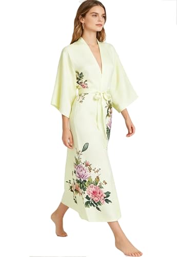Image of Women's Classic 100% Silk Kimono Robe, Bathrobe-Printed Pattern