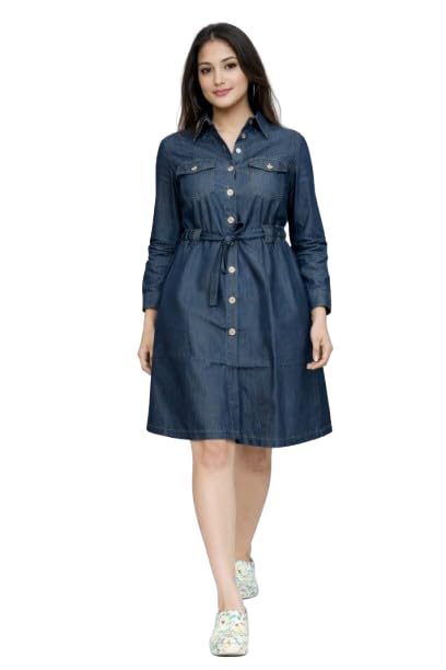 Women’s Navy Blue Denim Shirt Dress – Elegant A-Line Mini with Front Closure, Tie-Up Waist & Practical Pockets | Full Sleeve Smart Casual Outfit for Work-image-7