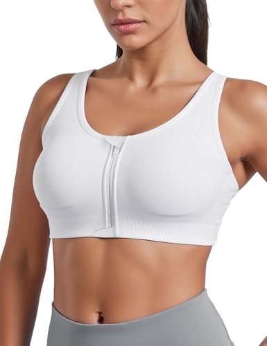 Front Closure Sports Bras for Women: Womens Compression Mastectomy Recovery Bra Post Surgery Posture Zip Front Closure Padded for Large Bust High Support for Active Yoga Gym Workout Fitness White