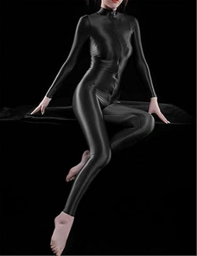 Yaaapiy Damen Glänzend Overalls Ganzkörper Anzug Body Einteiler Bodysuit Jumpsuit Glossy Glatt Strupmhose Leggings Unterwäsche Langarm mit Reißverschluss (schwarz, M)