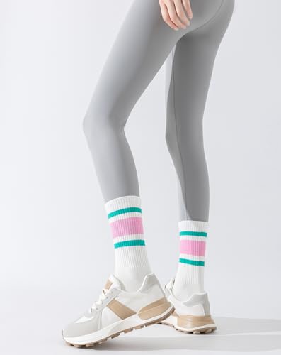 Yawlsow 3 Pairs Pilates Grip Socks for Women Yoga Grippy Striped Retro Crew Socks Non Slip Sticky Barre Sock with Grippers3