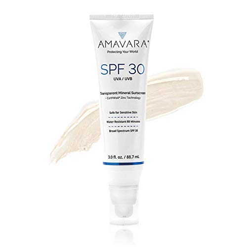 Amavara Mineral Sunscreen – Transparent Zinc Oxide, Reef Safe, Vegan, Broad Spectrum Daily SPF 30. 3.0 fl.oz.