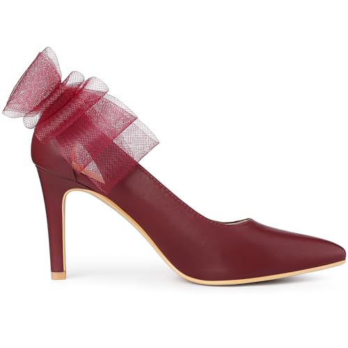 Allegra K Allegra K Women's Mesh Bow Pointed Toe Stiletto Heels Burgundy Pumps 8.5 M US