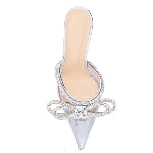 Miraazzurra Women High Heeled Mules Clear Pvc Pointed Toe Rhinestone Bow-Knot Wedding Sparkly Sandals Stiletto Backless Slip On Summer Bridal Shoes Silver Size 7 #TOP2