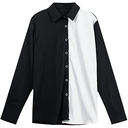 LTHTX Femmes Chemisier à Manches Longues Chemise à Surpiqûres Noire et Blanche Haut en Polyester pour Dame Décontracté V Col (L) Cover