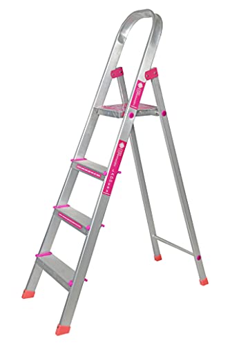 Image of Casa Copenhagen Designed in Denmark, 4-Step Foldable Aluminium Ladder Laser Cut with Super Advance Sure-Hinge Technology,7 Years Warranty- Silver
