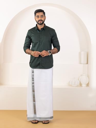 Image of RAMRAJ COTTON Men Premium Cotton Full Sleeves Shirt and Fancy Border Dhoti Set Luxe Set