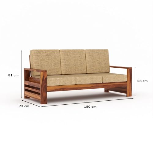 Image of Sheesham Wooden 3 Seater Sofa for Living Room | Rosewood 3 Seater Cushion Sofa with Side Rack | Solid Wood Sofa Set for Lounge (3 Seater,Honey)