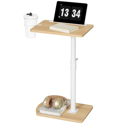 Image of HOOBRO C Shaped Side Table, Height Adjustable Bedside Table, 360° Rotating Sofa Table Laptop Tables with Detachable Cup Holder and Tablet Slot, Slides Under Sofa, Natural and White EWN34SF01