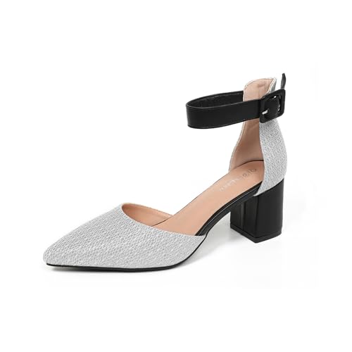 Gold Silver Dress Block Heels for Women Glitter Wedding Shoes for Bride Womens Two Tone Party Dressy Ankle Strap Pumps Closed Pointed Toe Low Thick Sandal Heels - Main Image
