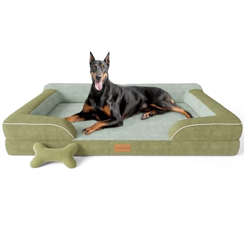 Image of CWAWZ XXL Dog Bed for Extra Large Dogs, Giant Orthopedic Dog Bed with Cooling Gel Memory Foam, Waterproof Pet Bed with Removable Washable Cover, 53 inch Pet Sofa bed Dutch Velvet with Bone Toy, Dark Green