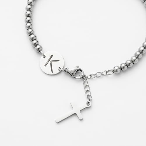Image of Initial Cross Silvery Bracelets for Women Trendy, Initials Cross Charm Beaded Bracelet, Christian Gifts for Women, Baptism Confirmation Christmas Inspirational Gifts for Mom Daughter Friend Sister