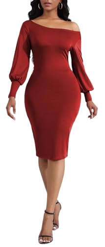 LalaLin Elegant Vintage Dress for Women Long Sleeve Solid Color Crew Neck One Shoulder Formal Gown Midi Dresses