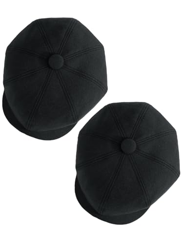 Senker Fashion Newsboy Cap for Men, 8 Panel Wool Blend Ivy Newsies Cabbie Hat Winter Flat Beret for Old Man Cabbie Driving Black Black