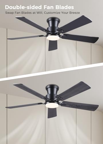 JSAITEE 52Inch Ceiling Fan with Lights and Remotes, Modern Low Profile Flush Mount Ceiling Fans,DC Reversible Motor, 3CCT Dimmable,Noiseless,Dual Finish, Black 6 Speeds Ceiling Fan for Indoor/Outdoor thumbnail 5