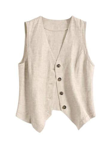 GORGLITTER Women's Button Down Vest Tops Casual Linen Sleeveless V Neck Trendy Business Waistcoat