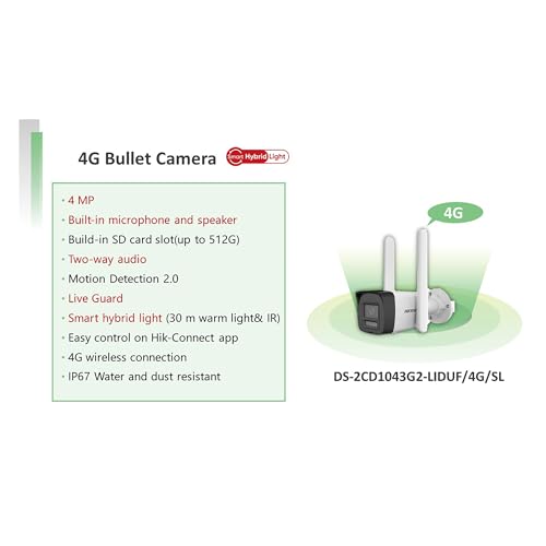 HIK VISION 4MP Smart 4G Hybrid Light Fixed Wired Bullet CCTV Camera,Human & Vehicle Detection,Support 4G LTE(Nano SIM),2Way Audio,Storage Upto 512 GB(Sdcard Slot),Water Resistant,DS-2CD1043G2-LIDUF