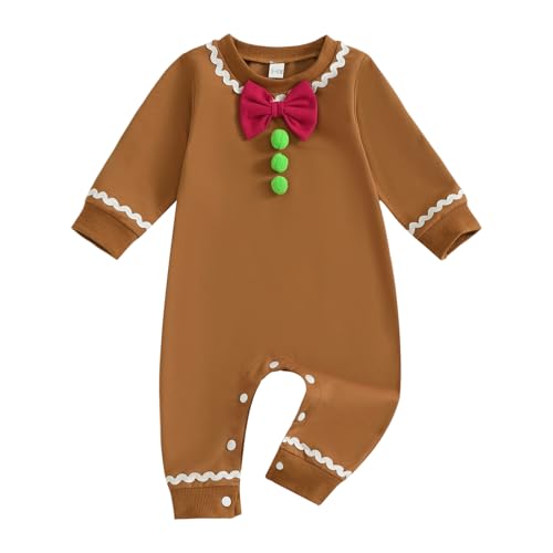 Newborn Baby Boy Girl Gingerbread Outfit Long Sleeve Romper Onesie Jumpsuit Infant Christmas Outfits (A Brown Gingerbread 0-3 Months)