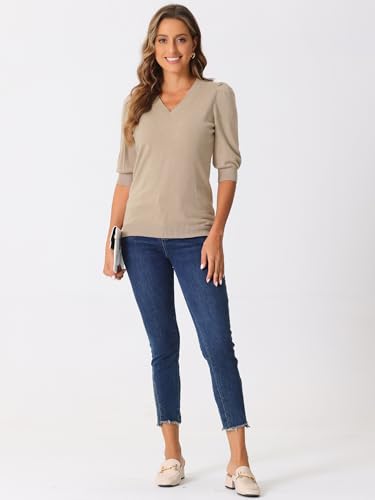 Image of Allegra K Sweater Tops for Women Puff Short Sleeve V Neck Trendy Business Casual Summer t Shirt Blouses