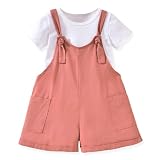 HINTINA 3T Toddler Little Girl Linen Pastel Pink Overalls Shorts Adjustable Loose Jumpsuit Beach Romper Casual Summer Outfits 2 Pieces Short Sleeve Clothes Set, 3-4 Years, Dusty Pink