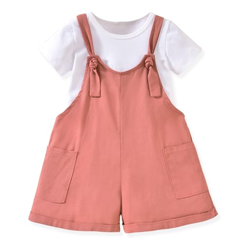 Image of HINTINA Toddler Girl Overall Shorts Set Adjustable Loose Jumpsuit Short Sleeve T-shirt Vacation Summer Outfits with Pockets