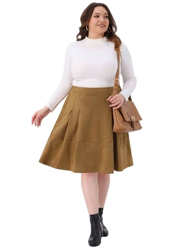 Agnes Orinda Plus Size Faux Suede Skirt for Women High Waist A Line with Pockets Elastic Midi Skirts3