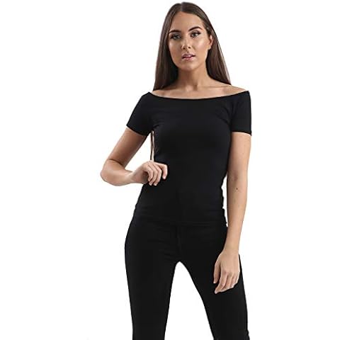 Ladies Ex New Look Cotton Rich Short Sleeve Womens Girls Bardot Top Tee 2 Colours White & Black (8, Black) Cover