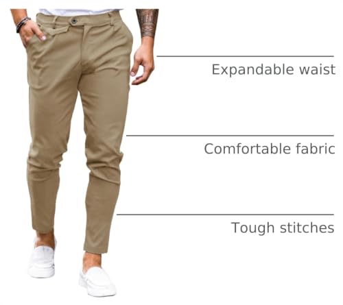 Image of Mens Chinos Slim Fit Pants Stretch Tapered Dress Pant Casual Trousers | Skinny Slacks, Flat Front Design, Stretch Cotton Fabric, Solid or Plaid, Work Dress Pants, Business Casual Wear