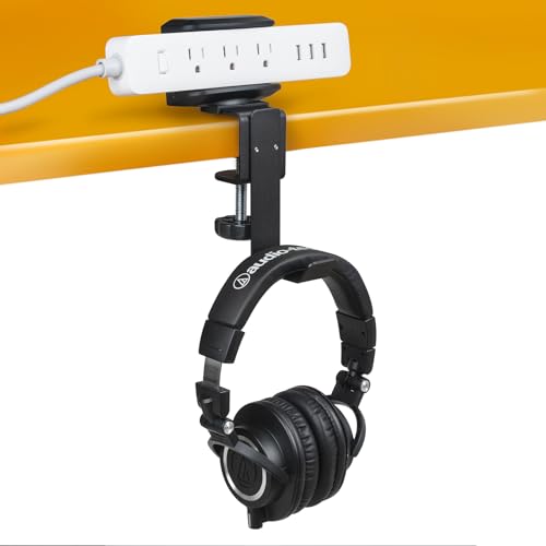 EHO Desk Clamp Power Strip Holder, 2-in-1 Organizer with Steel Bag/Headset Hanger, Adjustable Cable Management, No Drill, Fits 1.6" to 2.4" Width for Desks Shelves and Tables