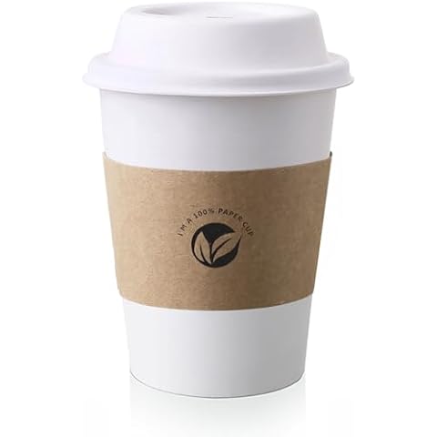 KTOB [50 pack] 12 oz Compostable Coffee Cups with Lids and Kraft Sleeves, Eco Friendly Disposable White Paper Cups Combo for Hot Beverage Cover