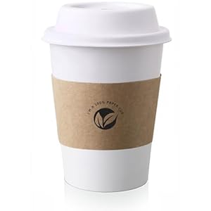 KTOB [50 pack] 12 oz Compostable Coffee Cups with Lids and Kraft Sleeves, Eco Friendly Disposable White Paper Cups Combo for Hot Beverage
