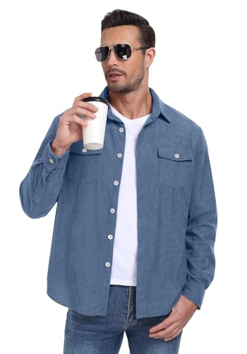 Askdeer Men's Corduroy Button Down Shirts Long Sleeve Casual Shacket Jacket Western Corduroy Shirt Jacket with Flap Pockets, A09 Light Blue, XX-L - Image 2