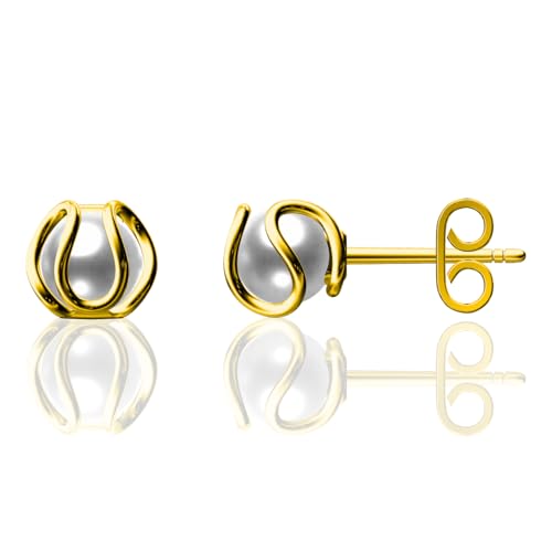 14K Gold Plated 925 Sterling Silver Wavy Caged Pearl Stud Earrings for Women