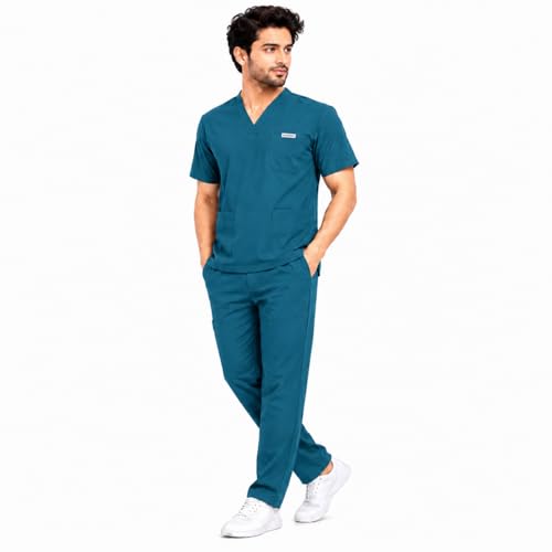 Image of Unisex Medical Scrub Suit Set, V-Neck Top with Pants, Short Sleeve, Polyester Cotton Blend, 7 Pockets, Regular Fit, Hospital Doctor Nurse Uniform