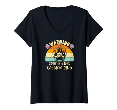 Mujer Advertencia Cornish Rex Cat Mom Club para mujeres y niñas Camiseta Cuello V