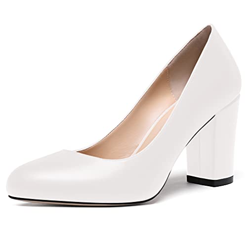 WAYDERNS Women's Thick Matte Solid Round Toe Slip On Block High Heel Pumps Shoes 3.5 Inch