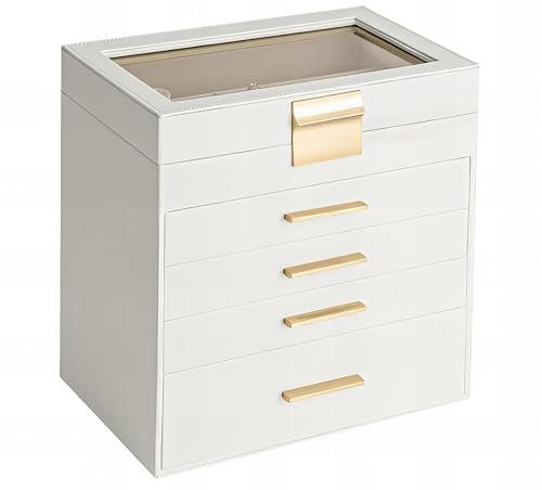 KEEP MASTER Jewelry Organizer Box with Glass Lid 5-Layer Jewelry Box Organizer 4 Drawers for Big and Small Jewelry watch box Jewellery Box for Women Cloud White and Gold Mothers Day Gift