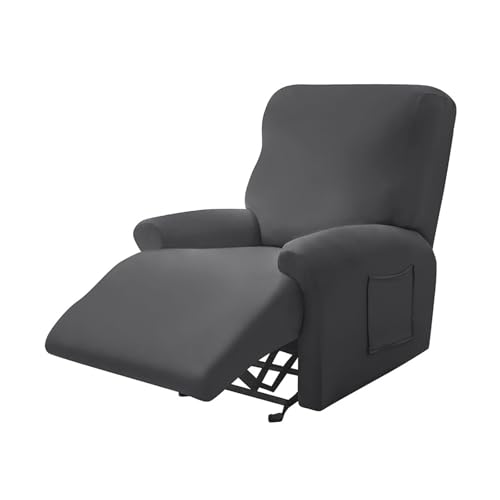 Recliner Chair Cover, Solid Colour Couch Sofa Slipcover with Pockets, 4 Piece All-Inclusive Form Fit Stretch Furniture Protector for Recliner (Dark Grey,One Size)
