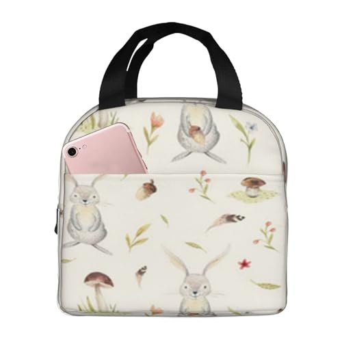 断熱ランチバッグ、大容量、防水、熱漏れ防止、スタイリッシュで丈夫、仕事、学校、アウトドア活動に便利、男女兼用 (かわいい赤ちゃんウサギの動物保育園、子供用水彩ボヘミアン、携帯電話に最適)