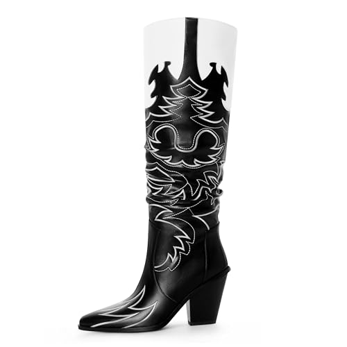 Image of ANN CREEK Cowgirl Boots Side Zipper Womens Cowboy Boots Knee High Embroidery Woman Western Tall Pointed Toe Chunky Heel Two Tones