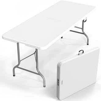 VINGLI 6 Foot Plastic Folding Table Portable Long Table for Indoor Outdoor Use Rectangular with Carrying Handle, Smooth HDPE Tabletop, White