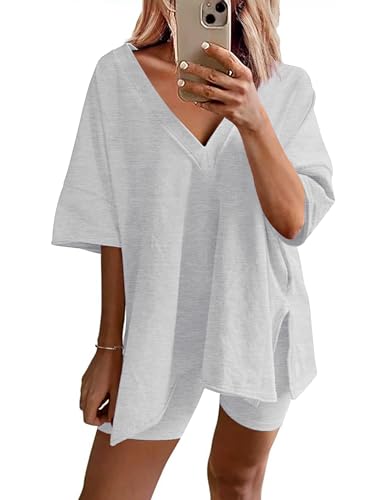 Image of Ekouaer Womens Pajamas 2 Piece Lounge Sets Oversized V Neck T-Shirts Tops Biker Shorts Set Workout Reversible Tracksuit S-XXL