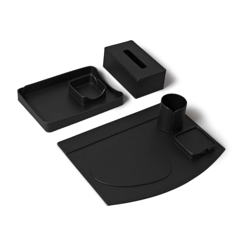 Image of Luxury Leather Desk Top Organiser Set of 7 | Multipurpose Executive Table Organizer for Office | Desk Mat | Pen Holder | Tissue Holder | Mouse Pad | Coaster Set | Memo Pad | Paper Tray - Classic Black