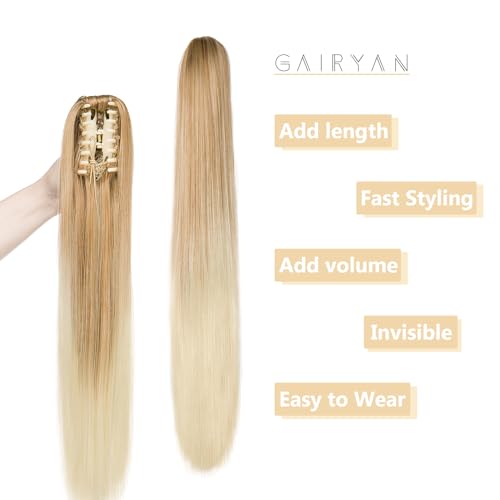 Gairyan Clip in Ponytail Hair Extensions 24 inch Ponytail Extension Long Straight Pony Tails Claw on Ponytail Synthetic Hairpieces for Women Soft Natural Look (Dark Blonde Ombre Bleach Blonde) - Image 4
