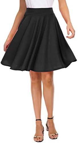 EXCHIC Women's Casual Stretchy Flared Mini Skater Skirt Basic A-Line Pleated Midi Skirt (S, Black)