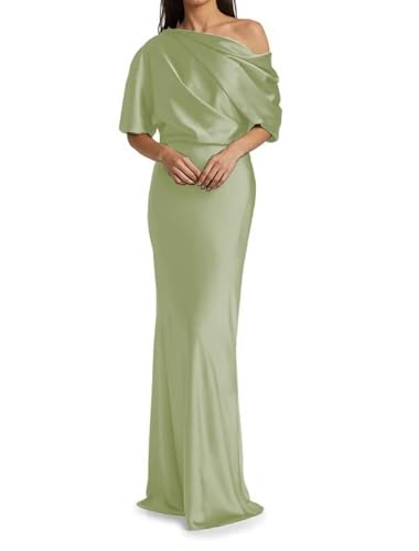 Image of Mermaid Satin Mother of The Bride Dresses for Women Ruched One Shoulder Formal Evening Gowns