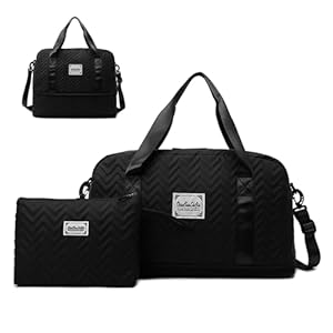 Travel Duffel Bag Expandable for Women Foldable Weekender Overnight Carry-On Tote Bags Gym Shoulder Handbag With Toiletry Bag Set (black)