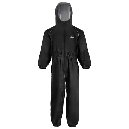 Zorax Combinaison de pluie imperméable tout-en-un légère pour garçons et filles - Unisexe - Coupe-vent - Avec capuche - Sac de transport, Noir , 13-14 ans