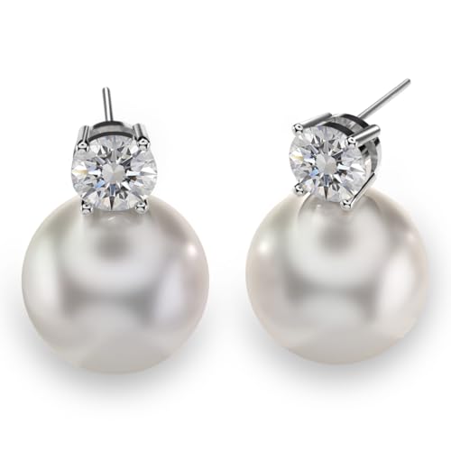Orecchini con perle e moissanite in argento 925, diamanti coltivati in laboratorio, argento placcato con oro bianco 18K, orecchini con perle d'acqua dolce, regalo per donne